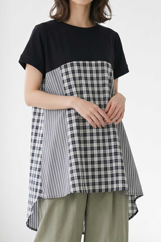 チェック ストライプ 異素材 切替 チュニック Tシャツ 半袖 ゆったり 体型カバー F