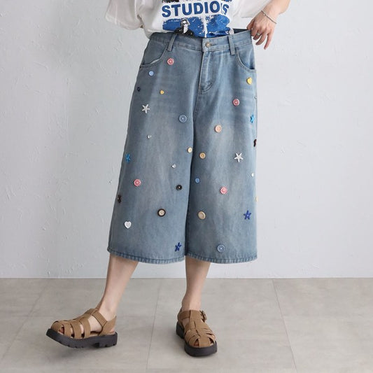 ボタンモチーフ デニム ハーフパンツ クロップド ワイド ゆったり 体型カバー 大人可愛い 春夏