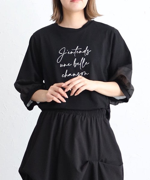 接触冷感 袖シースルー 切替 ラウンド裾 Tシャツ 英字ロゴ パフスリーブ 半袖 綿100% ゆったり 体型カバー 大人可愛い