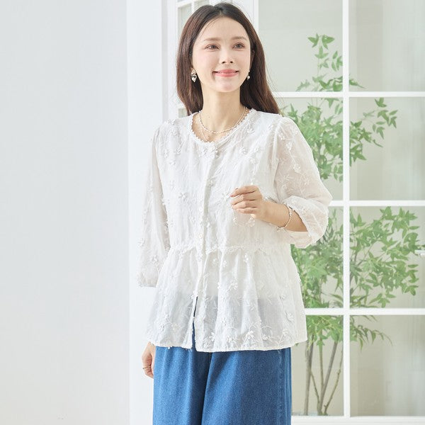 立体小花刺繍 ティアード パフスリーブ コットンブラウス 綿100% トップス M-L