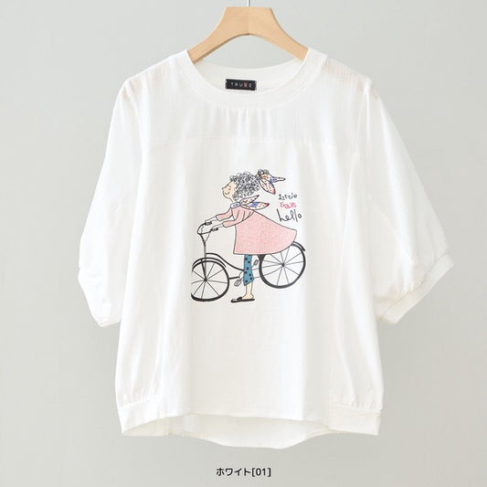 自転車ガール イラスト シアー切り替え パフスリーブ Tシャツ 半袖 ゆったり M-L
