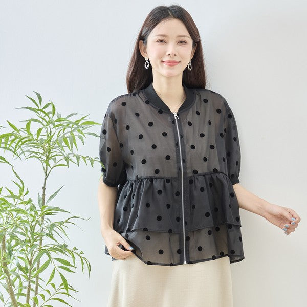 ドット柄 シアー ティアード ジャケット 半袖 ジップアップ 羽織り ゆったり