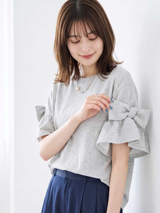 袖リボン Tシャツ 半袖 もっちり生地 ゆったり 体型カバー 大人可愛い きれいめ