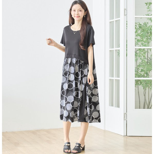 大丸柄 プリント 異素材 切替 ワンピース ロング 半袖 ゆったり 体型カバー M-L