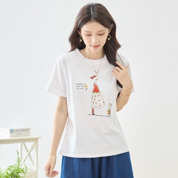猫と女の子 イラストプリント Tシャツ 半袖 綿混 ストレッチ ゆったり M〜L