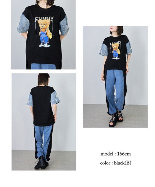 ドッキング Tシャツ デニム ビジュー くま 半袖 ゆったり 夏 秋 フリー