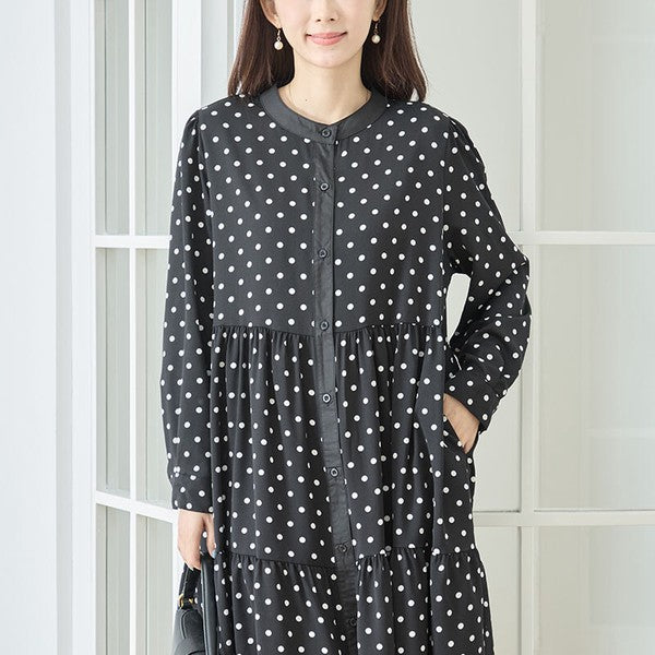 ワンピース ドット柄 スタンドカラー ティアード 前開き 羽織り ゆったり 秋 M L
