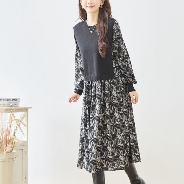 ワンピース ニットドッキング 抽象柄 切替 長袖 ゆったり 体型カバー 秋 冬 ML レディース