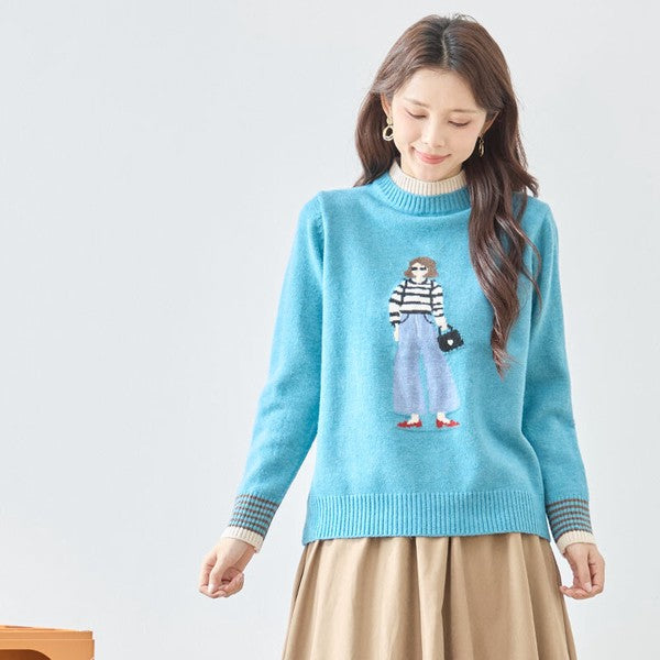 トップス ニット プルオーバー ハイネック ガールモチーフ 柄物 秋 冬 M L