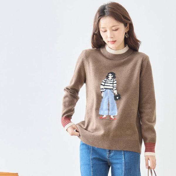 トップス ニット プルオーバー ハイネック ガールモチーフ 柄物 秋 冬 M L