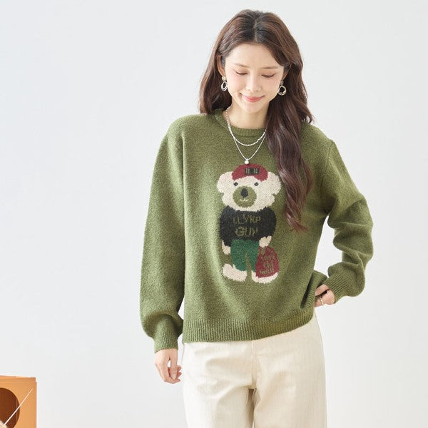 トップス ニット プルオーバー クマモチーフ ゆったり 体型カバー 秋 冬 M L