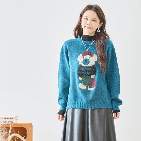 トップス ニット プルオーバー クマモチーフ ゆったり 体型カバー 秋 冬 M L