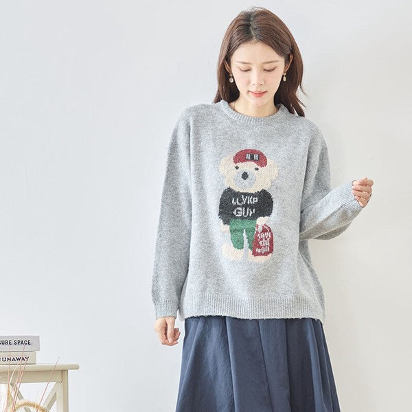 トップス ニット プルオーバー クマモチーフ ゆったり 体型カバー 秋 冬 M L