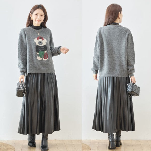 トップス ニット プルオーバー クマモチーフ ゆったり 体型カバー 秋 冬 M L
