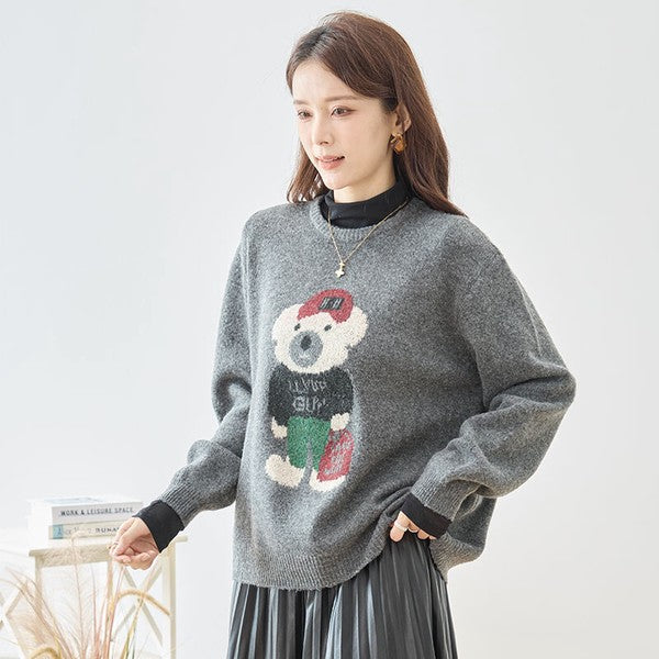 トップス ニット プルオーバー クマモチーフ ゆったり 体型カバー 秋 冬 M L