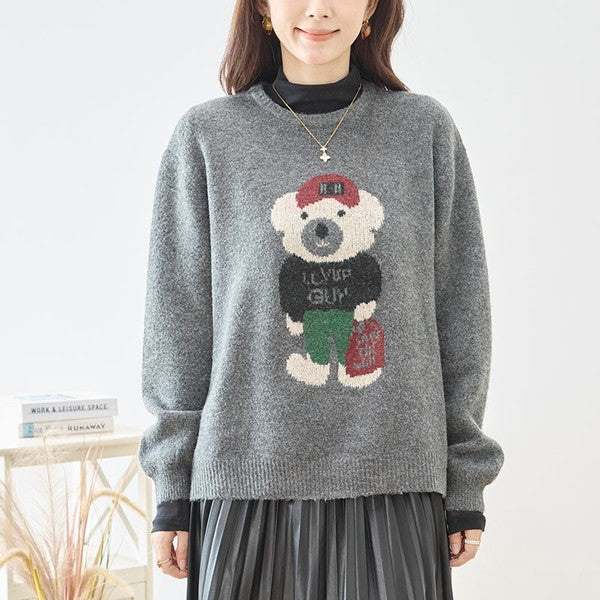 トップス ニット プルオーバー クマモチーフ ゆったり 体型カバー 秋 冬 M L