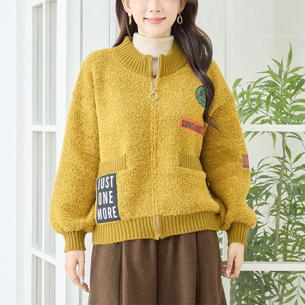 アウター ブルゾン ニット ボア ジャケット ワッペン ゆったり 体型カバー 秋 冬 M L