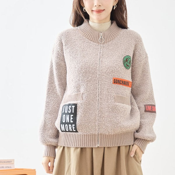 アウター ブルゾン ニット ボア ジャケット ワッペン ゆったり 体型カバー 秋 冬 M L