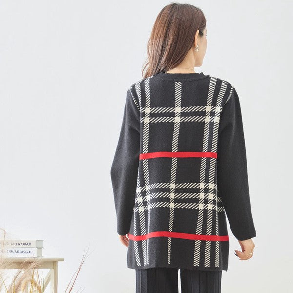 チュニック トップス ニット プルオーバー チェック柄 ゆったり 体型カバー 秋 冬 L LL