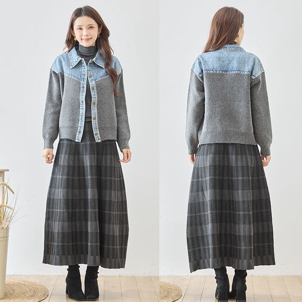 トップス ニット ジャケット カーディガン 異素材 デニム コンパクト 秋 冬 M L