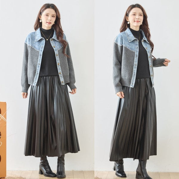 トップス ニット ジャケット カーディガン 異素材 デニム コンパクト 秋 冬 M L