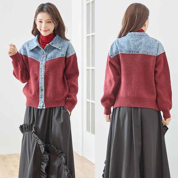 トップス ニット ジャケット カーディガン 異素材 デニム コンパクト 秋 冬 M L