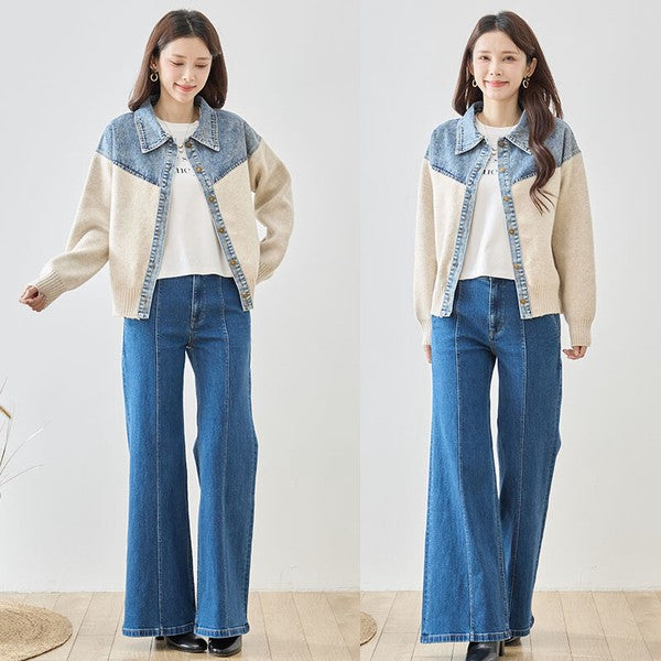 トップス ニット ジャケット カーディガン 異素材 デニム コンパクト 秋 冬 M L