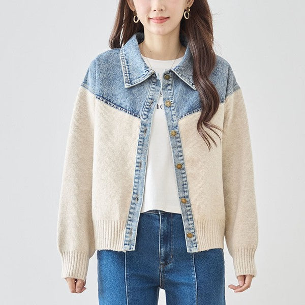 トップス ニット ジャケット カーディガン 異素材 デニム コンパクト 秋 冬 M L