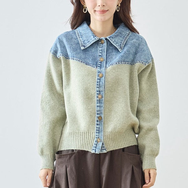 トップス ニット ジャケット カーディガン 異素材 デニム コンパクト 秋 冬 M L