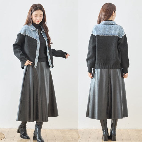 トップス ニット ジャケット カーディガン 異素材 デニム コンパクト 秋 冬 M L