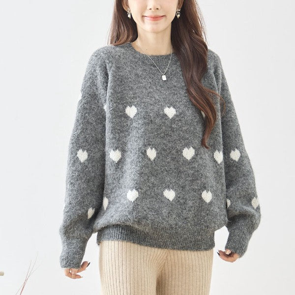 トップス ニット プルオーバー ハート柄 ゆったり 体型カバー 秋 冬 M L