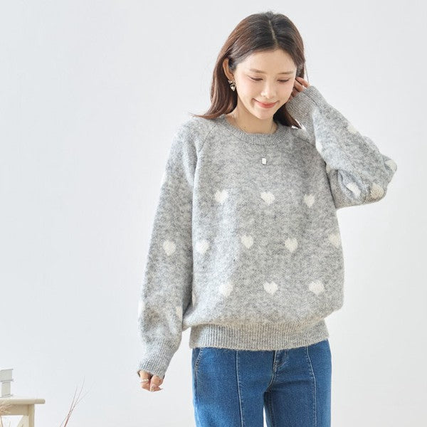 トップス ニット プルオーバー ハート柄 ゆったり 体型カバー 秋 冬 M L
