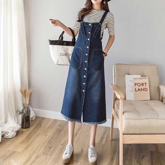ワンピース ジャンパースカート 膝下 ノースリーブ オーバーオール スカート デニム つなぎ サロペット ブルー M ~ XL