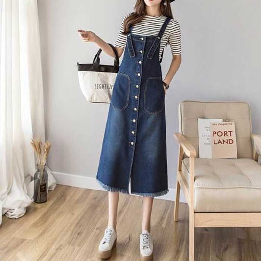 ワンピース ジャンパースカート 膝下 ノースリーブ オーバーオール スカート デニム つなぎ サロペット ブルー M ~ XL