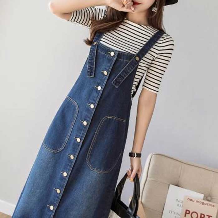 ワンピース ジャンパースカート 膝下 ノースリーブ オーバーオール スカート デニム つなぎ サロペット ブルー M ~ XL