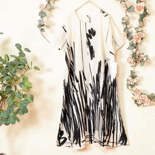 【訳あり】ロング ワンピース コットン リネン レディース トップス プリント 半袖 丸首 ゆったり インド綿 春夏 麻混