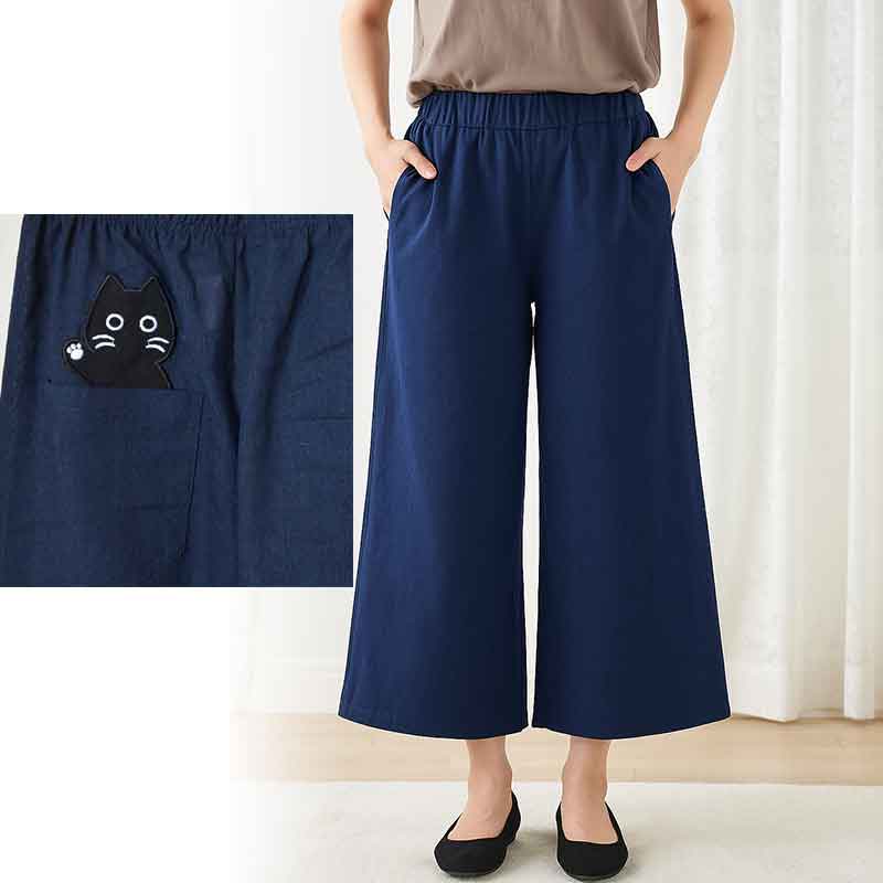 【M~L/L~LL】猫ワッペン付きワイドパンツ|後ろ姿もキュートな大人カジュアル(31310)