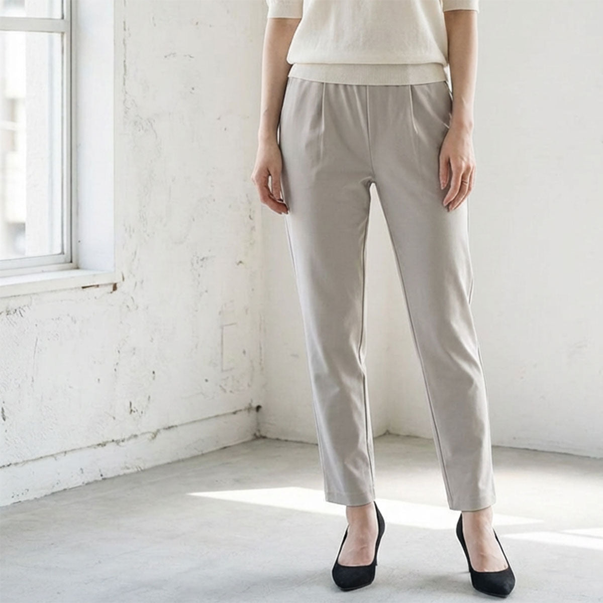 タック入り ハイテンションパンツ スーパーストレッチ ウエストゴム 美脚 テーパード M/L/LL