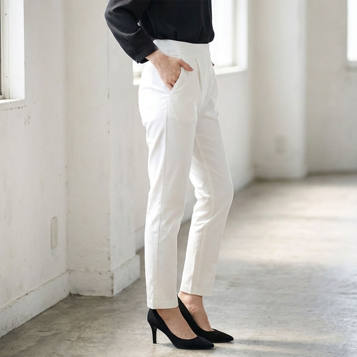 タック入り ハイテンションパンツ スーパーストレッチ ウエストゴム 美脚 テーパード