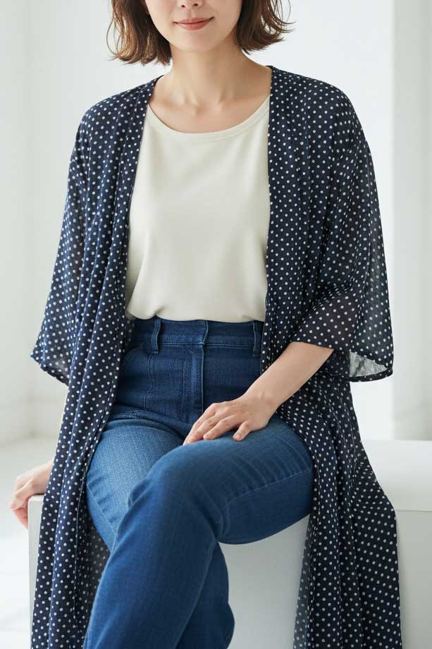 ドット シフォン トッパー カーディガン ロング丈 透け感 羽織り フリー