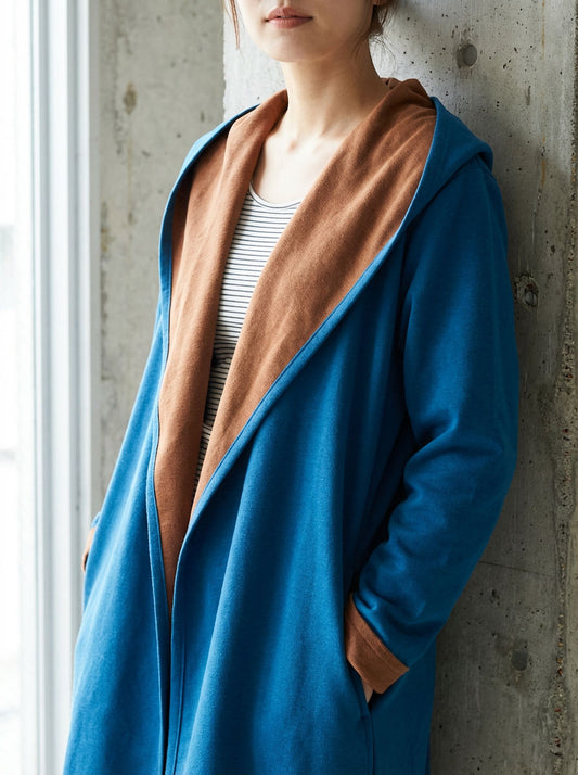 【フリー】ダブルフェイスフードコーディガン 大人可愛い配色差し色 体型カバー 抜け感