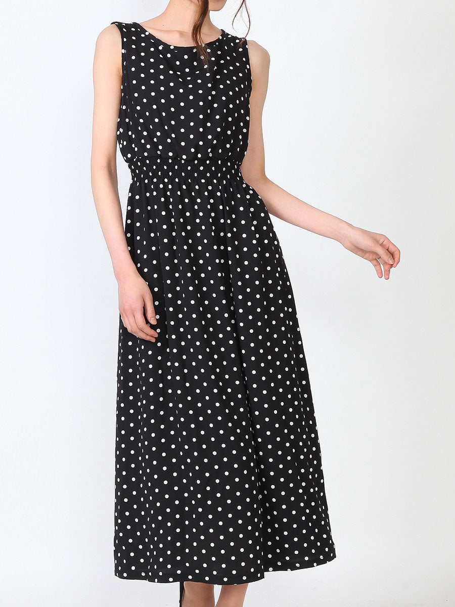 【F(M相当)】ドット柄マキシワンピース(68004)|上品ロング丈×さらり涼やか夏素材