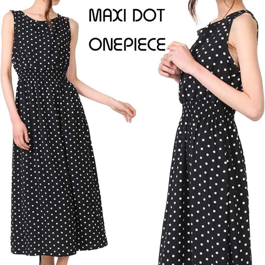 【F(M相当)】ドット柄マキシワンピース(68004)|上品ロング丈×さらり涼やか夏素材