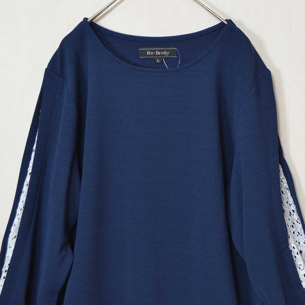 七分袖 レース スリーブ プルオーバー ジャカード ゆったり チュニック 秋 M