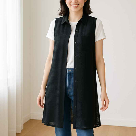 【M〜L】メッシュロングベスト 襟付き羽織りポケット付き 前開きロング丈 (N99-112)