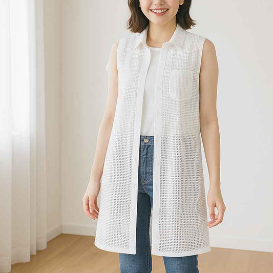 【M〜L】メッシュロングベスト 襟付き羽織りポケット付き 前開きロング丈 (N99-112)