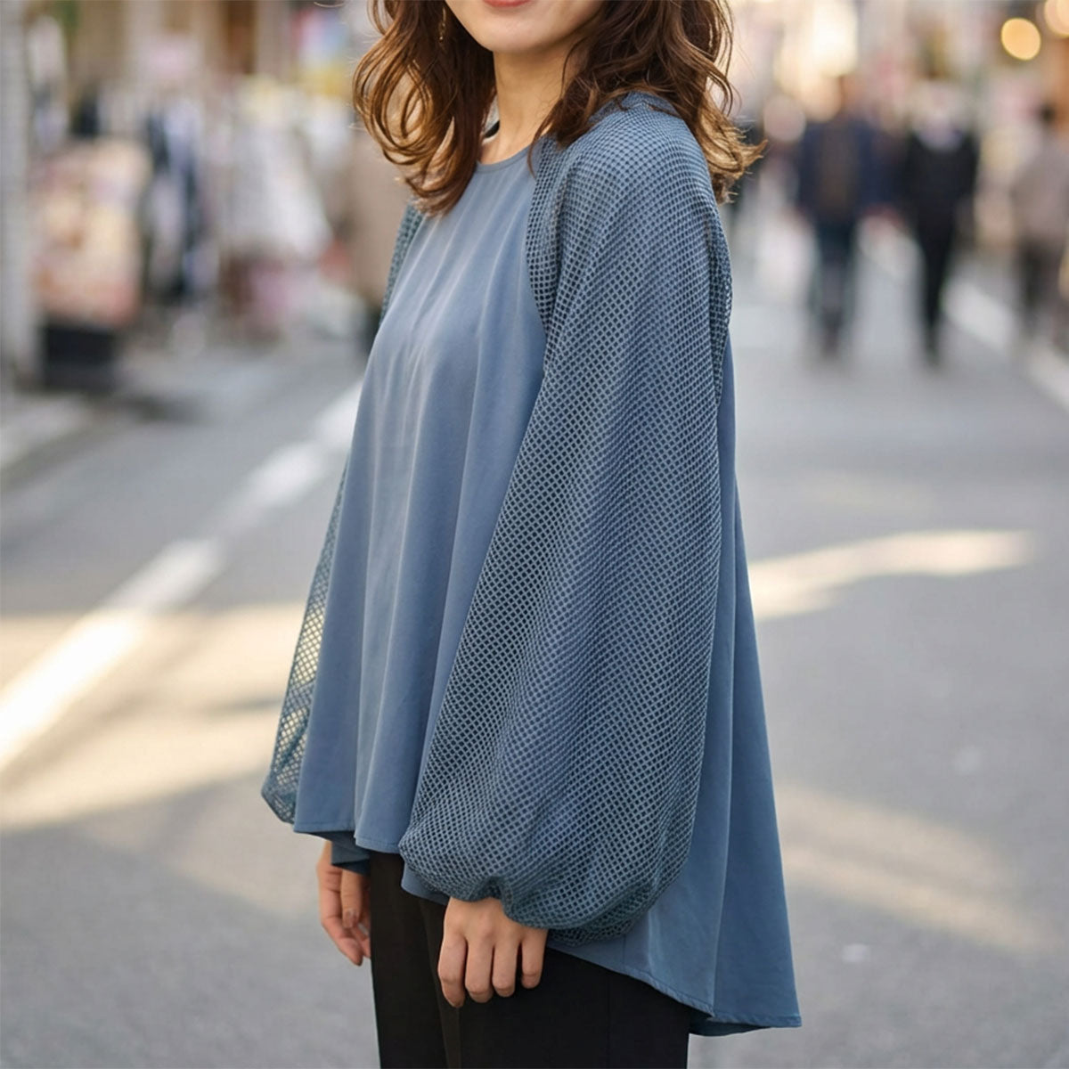 【M】袖メッシュ バルーンスリーブ プルオーバー 異素材切替 バックジップ ブラウス SILENT WORTH