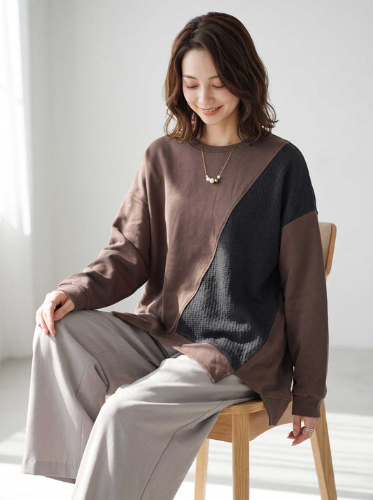 プルオーバー カットソー 異素材 切替 アシメ 長袖 ゆったり 体型カバー 秋 冬 M
