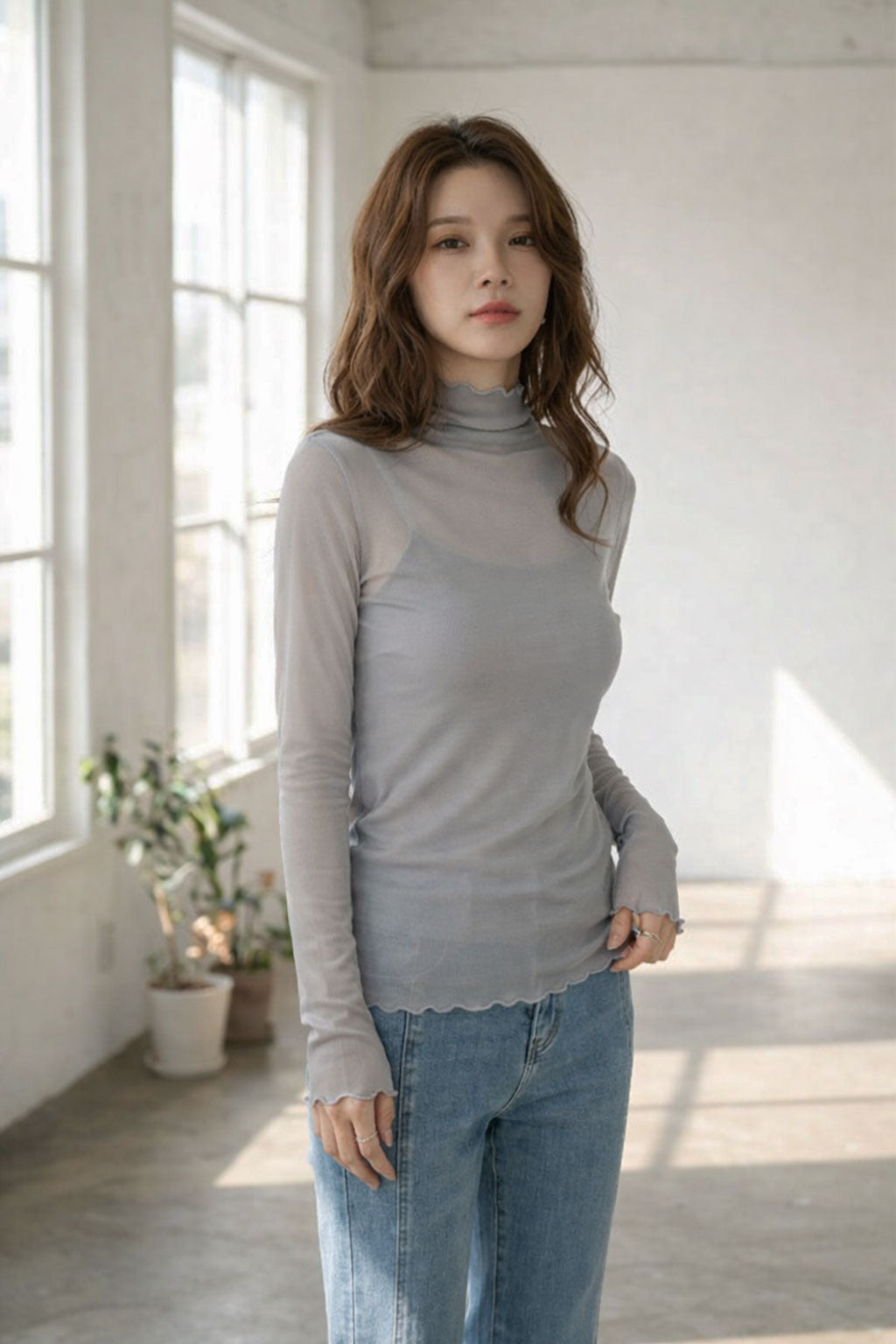 【M-L】メロウシアーハイネックトップス 透け感 レイヤード インナー フリルネック TRUBE