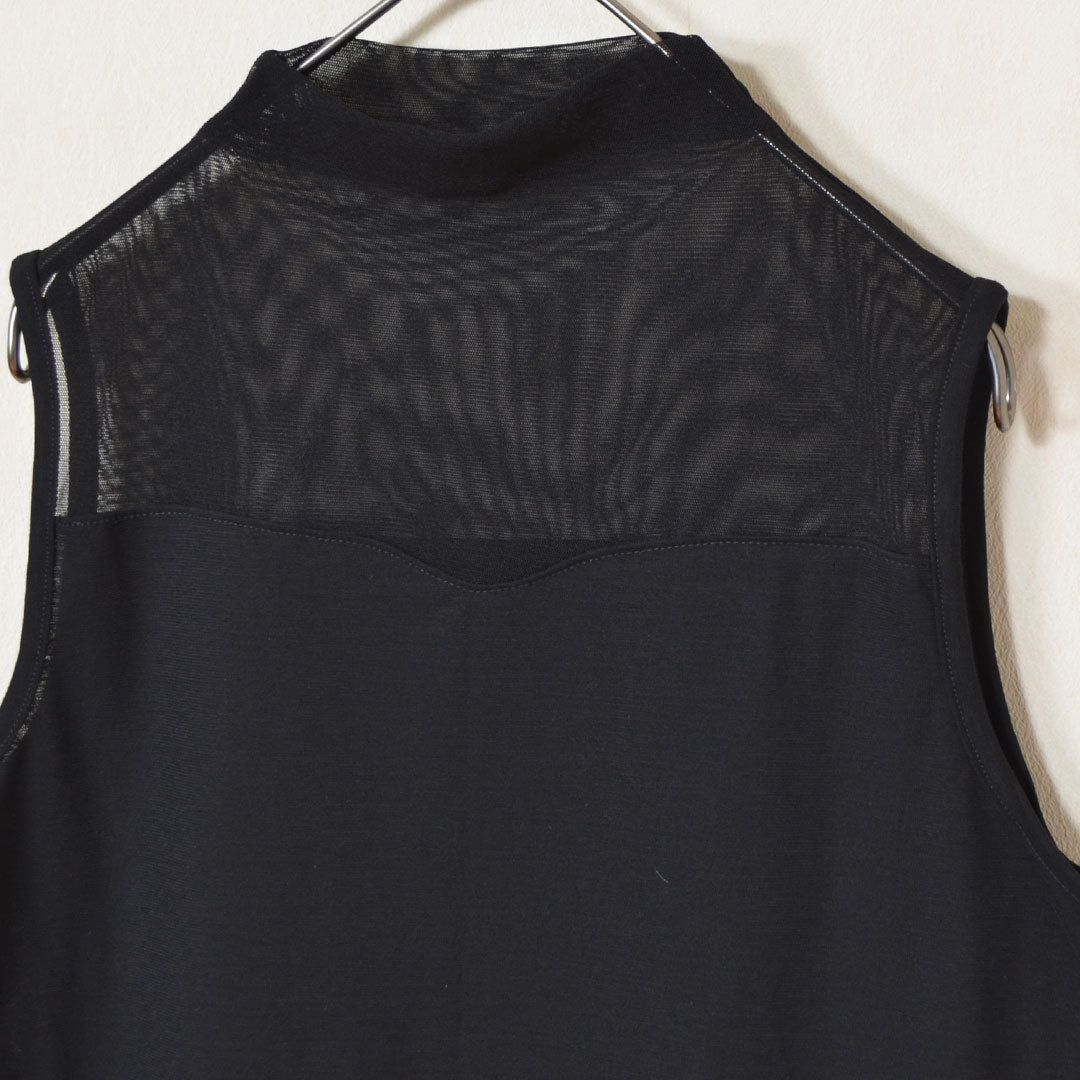 【M〜L】日本製チュール切替ボトルネックタンクトップ|涼感×上品レース(D16039)